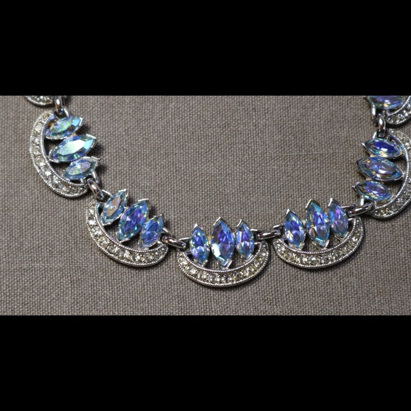 Vintage jewelry blue and clear AB rhinestone Bogoff  statement necklace - Picture 3 of 10